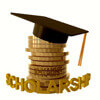 Mortarboard cap atop a stack of coins behind the word 'Scholarship'.